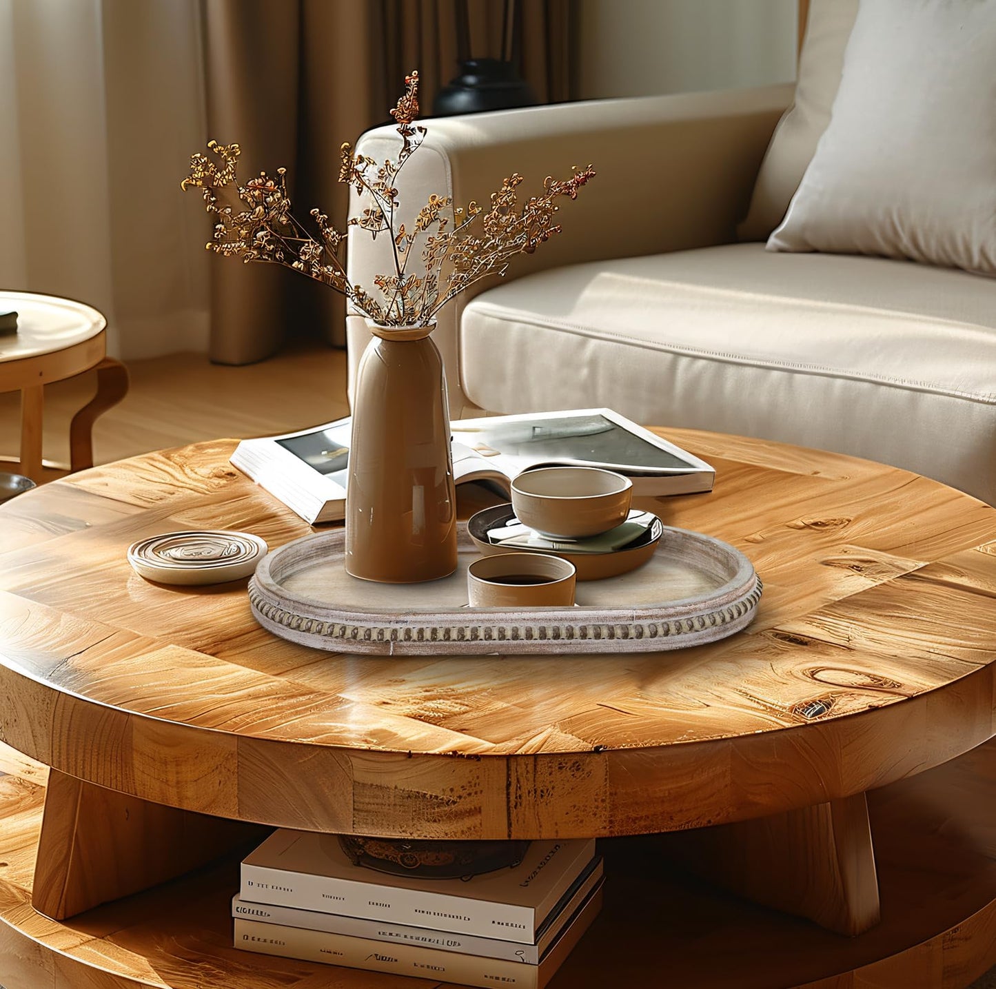 MAONAME Wood Serving Tray, Farmhouse Wooden Tray for Coffee Table, Oval Beaded Trays, Washed White Decorative Trays for Living Room, Kitchen, 15" X 9" X 1.2"