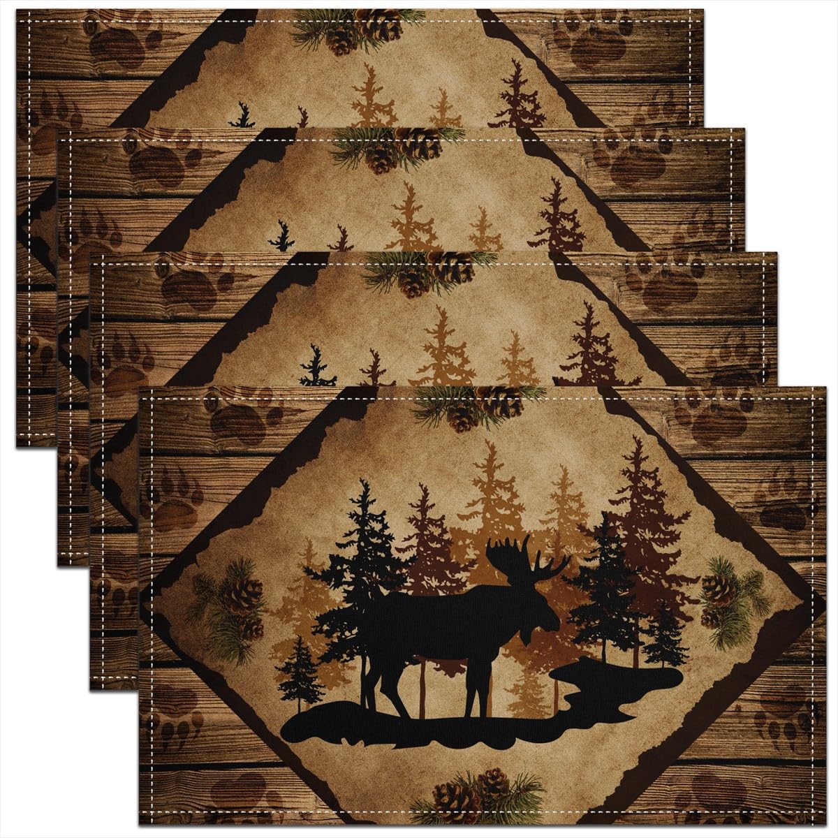 Moose Cabin Place Mats Retro Brown Wooden Stripes Farmhouse Table Mats for Kids Teens Adults Pine Cones Trees Wild Animal Paw Print Kitchen Mats for Dining Table 12x18 Inch Set of 4
