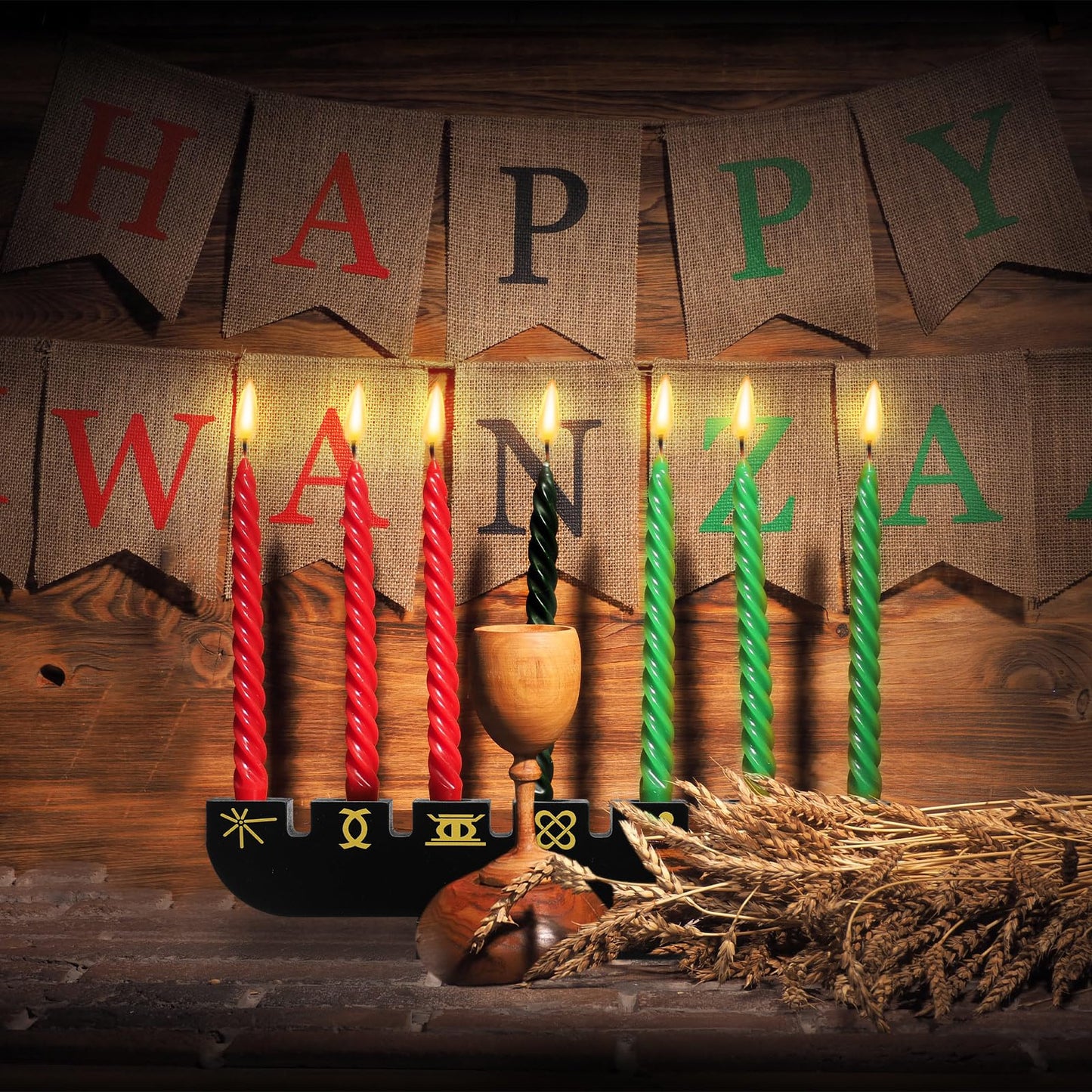 Bucherry Wooden Kwanzaa Decor Handmade Wooden Kinara with Gold Kwanzaa Letters Double Sided Celebration for Home Decor(Black)