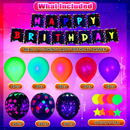 Jetec 71 Pcs Neon Birthday Party Supplies Decorations Include Clear Glow in The Dark Balloons, UV Neon Balloons, Star Hanging Swirls, Rave Theme Birthday Decor Banner Accessories Supplies