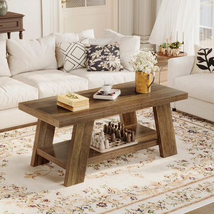 Tohomeor 47.24" Coffee Table for Living Room, Farmhouse Solid Wood Coffee Table with Storage, Rectangle Rustic Accent Center Table with for Home Apartment Office, Retro Brown