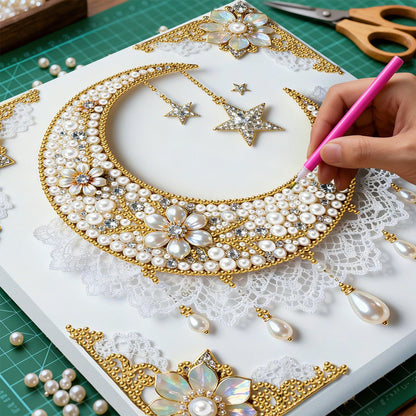 yzARTche Diamond Art Pearl Painting Kit, DIY Pearl Art Painting with White Frame, Handmade Gem Dot Picture Craft for Home Wall Decor Present Set-04-Moon