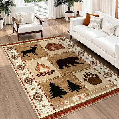 Area Rug 5x7 Rustic Cabin Bear Deer Rug Lodge Country Farmhouse Wildlife Rugs for Living Room Southwesten Machine Washable Non-Slip Printed Low-Pile Indoor Carpet for Bedroom Dining Room Office
