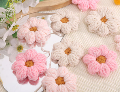 Boho Crochet Daisy Garland - Pink and Beige Yarn Floral Banner for Baby Girl Nursery Decor, Handmade Daisy Garland for Birthday Party, Boho Room Wall Hanging Decoration, Groovy one Birthday Decor