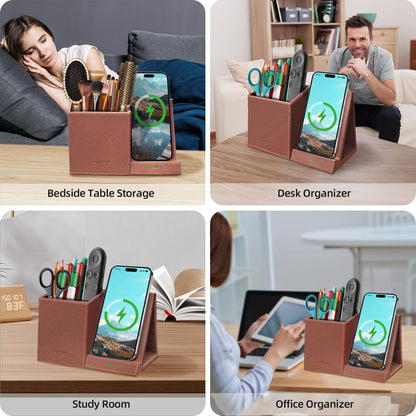 TopMade Wireless Charger with Pen Holder, Multi-functional Desktop Organizer and Storage, Home Office Supplies Desk Accessories, Pencil/Remote Holder with Fast Charging Phone Stand (Brown)
