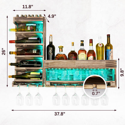 Homde Wine Rack with LED Light Wall Mounted Wood,Alcohol Shelf with Bottle Stemware Glass Holder Rustic, Liquor Display Storage with Cork Storage for Home Bar Kitchen Decor