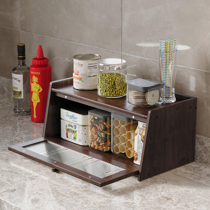 K KELBEL Bamboo Bread Box for Kitchen Counter, Wooden Large Capacity Bread Storage Bin with Window Bread Holder (Single Layer Brown)