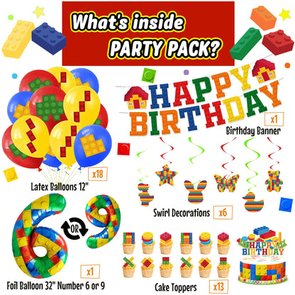 Birthday Decorations 6 Year Old Boy – 6th or 9th Birthday Decorations – Building Blocks Party Kit – Number 9 or 6 Balloons, Banner, Cupcake & Cake Toppers – Brick Theme Party Supplies for Boys 6 or 9