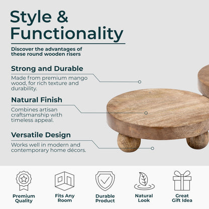 Set of 2 Round Wooden Riser Trays – Handcrafted Mango Wood Pedestal Stands – Rustic Decorative Home Decor for Modern Coffee Table, Kitchen, or Office – 10", Brown