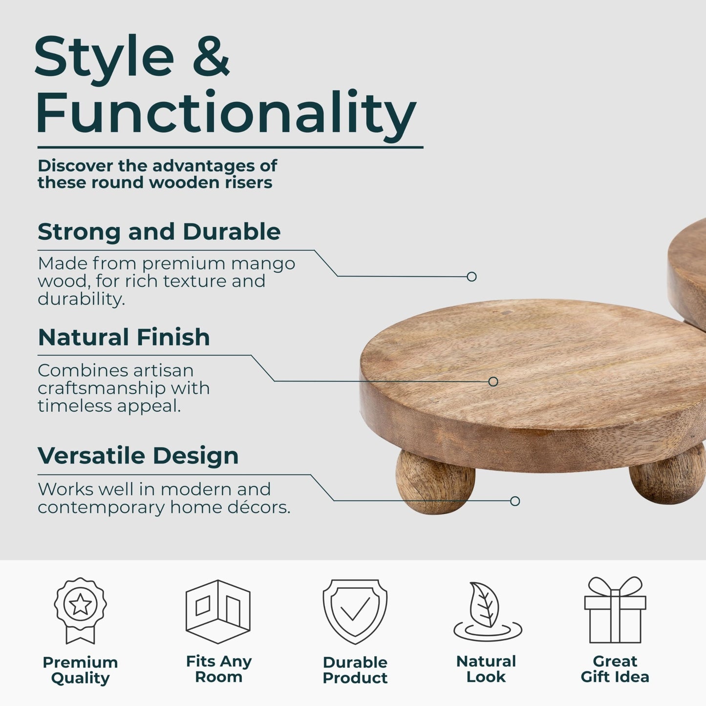 Set of 2 Round Wooden Riser Trays – Handcrafted Mango Wood Pedestal Stands – Rustic Decorative Home Decor for Modern Coffee Table, Kitchen, or Office – 10", Brown