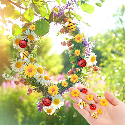 CCOZN 100 Pieces Tiny Resin Bees Daisy Flowers Ladybugs, Flatback Daisy Flowers Bumble Bees Embellishment Bee Decors with Box DIY Wreath Cake Decorations Flowers Bee for Crafts Scrapbooking