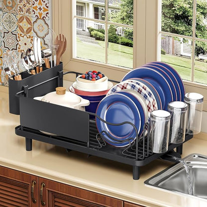Stainless Steel Dish Drying Rack - Large Capacity Dish Rack for Kitchen Counter with Drain Board, Rustproof Dish Drainer with Drain Spout, Utensil Holder & Glass Holder, Dinnerware Organizer, Black