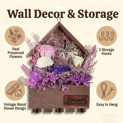 EIGHTOWN Purple Floral Wall Hooks, Farmhouse Wooden House Shape Key Holder with 3 Hooks, Artificial Soap & Dried Flower Decorative Hanger for Entryway, Living Room, Home Decor (Purple)