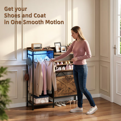 HIGDBFE Shoe Cabinet with 2 Flip Drawers and Hanging Rack, Narrow Entryway Organizer with Charging Station and LED Light, Freestanding Hidden Shoe Storage for Hallway, Rustic Brown, 41.3" W