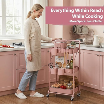 Amatic 3-Tier Folding Rolling Utility Cart with Wheels, Foldable Storage Cart Organizer with 3 Hanging Cups & 6 Hooks for Kitchen, Office, Living Room, Nursery(Pink)