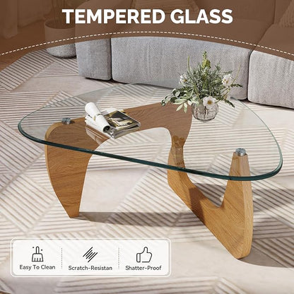Modern Glass Coffee Table, Triangle Center Table with Tempered Glass Top& Unique Wooden Base, 35.5” Mid Century Tea Tables for Living Room, Apartment, Office,Wood &Transparent