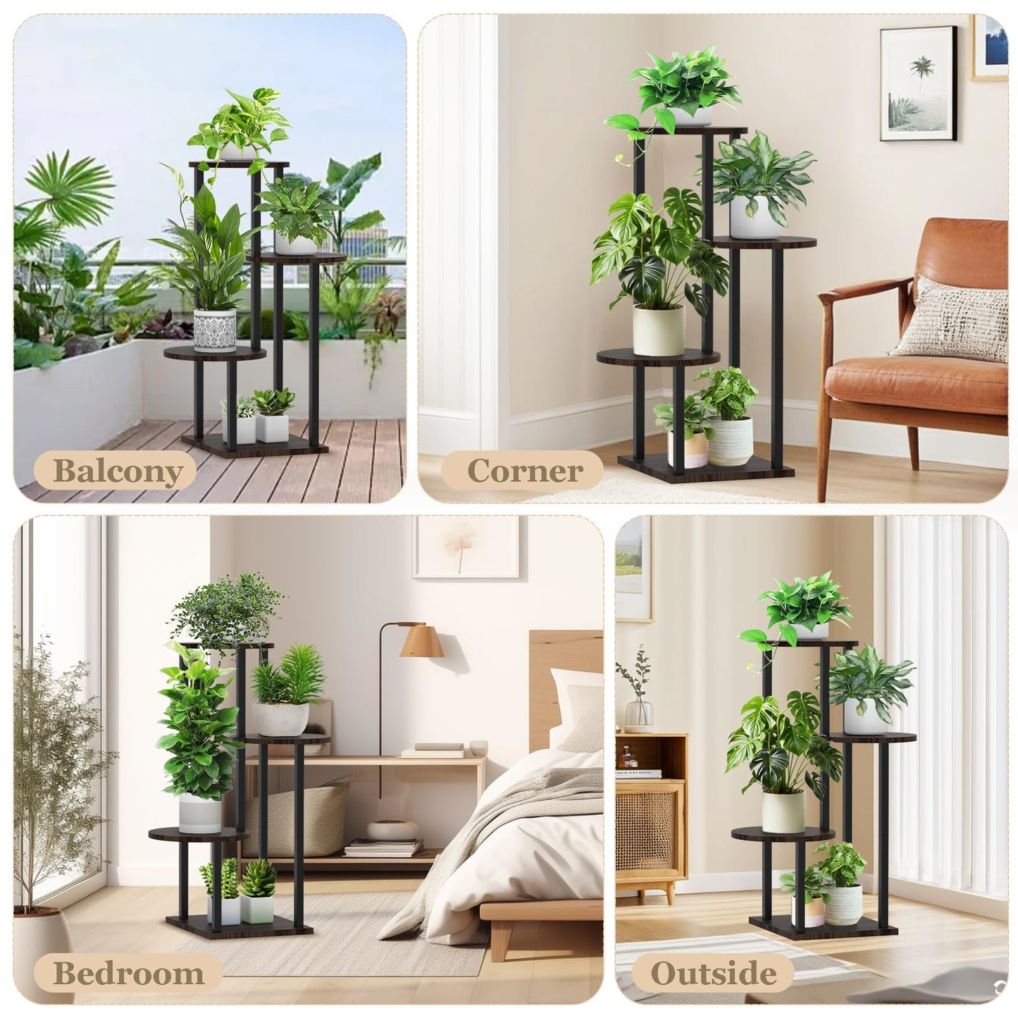 SMFANLIN 4 Tier Plant Stand Indoor, Metal Wooden Tall Plant Shelf Flower Pot Stand for Multiple Plants, Corner Flower Holder Plant Display Rack for Living Room Balcony Patio Garden (Black)