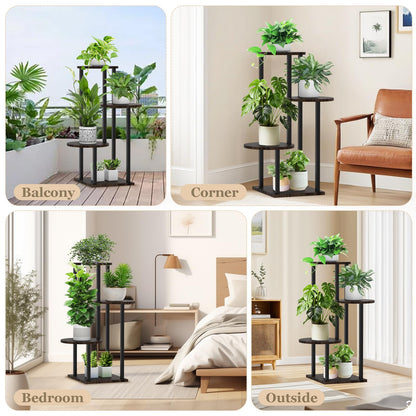SMFANLIN 4 Tier Plant Stand Indoor, Metal Wooden Tall Plant Shelf Flower Pot Stand for Multiple Plants, Corner Flower Holder Plant Display Rack for Living Room Balcony Patio Garden (Black)