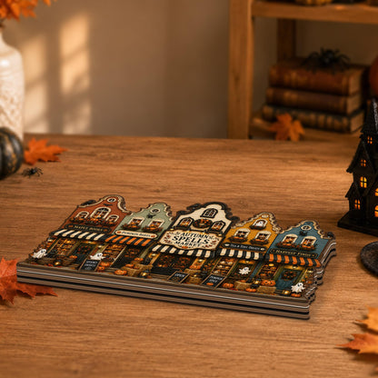 VYLARA Halloween Haunted Village Wooden Block, Rustic Spooky Town Shelf Sitter, Gothic Fall Home Decoration, Halloween Wood Sign Display