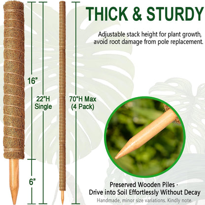Soupiar 4 Pack 22 Inch Stackable Moss Pole - Thick & Sturdy Natural Coir Totem Plant Support & Garden Stakes for Monstera & Pothos, Indoor Climbing Vining Houseplants, 70" H Max