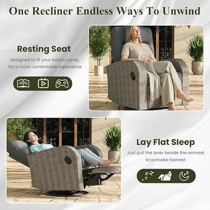 LayinSun Oversized Wicker Outdoor Swivel Glider Recliner with Adjustable Backrest & Footrest, Patio Reclining Lounge Chair - Set of 2