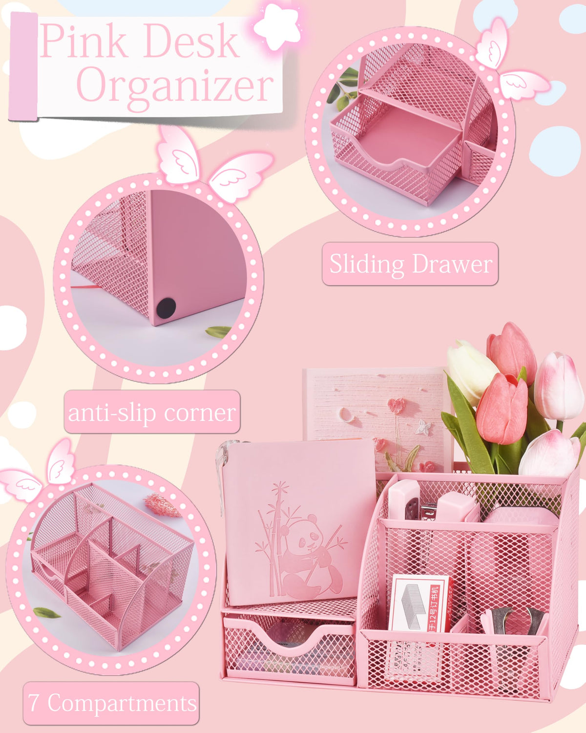 23pc Pink Desk Accessories and Organizers with Mesh Organizer Stapler Tape Dispenser Calculator and a Lot of Office Pink Office Supplies Beautifully Presented in a Gift Box