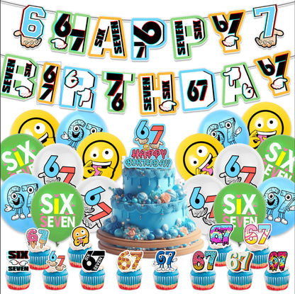 6 7 Birthday Decorations, 6 7 Meme Six Seven Themed party supplies Set Includes Banner, Cake Topper, Cupcake Toppers, Ballons