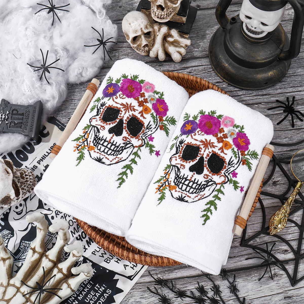 JarThenaAMCS 2 Pcs Halloween Skull Hand Towels Flower Skull Embroidered Cotton Towel Dish Towel with Ribbon for Kitchen Bathroom Drying Cleaning, 29.5 x 13.7 Inch