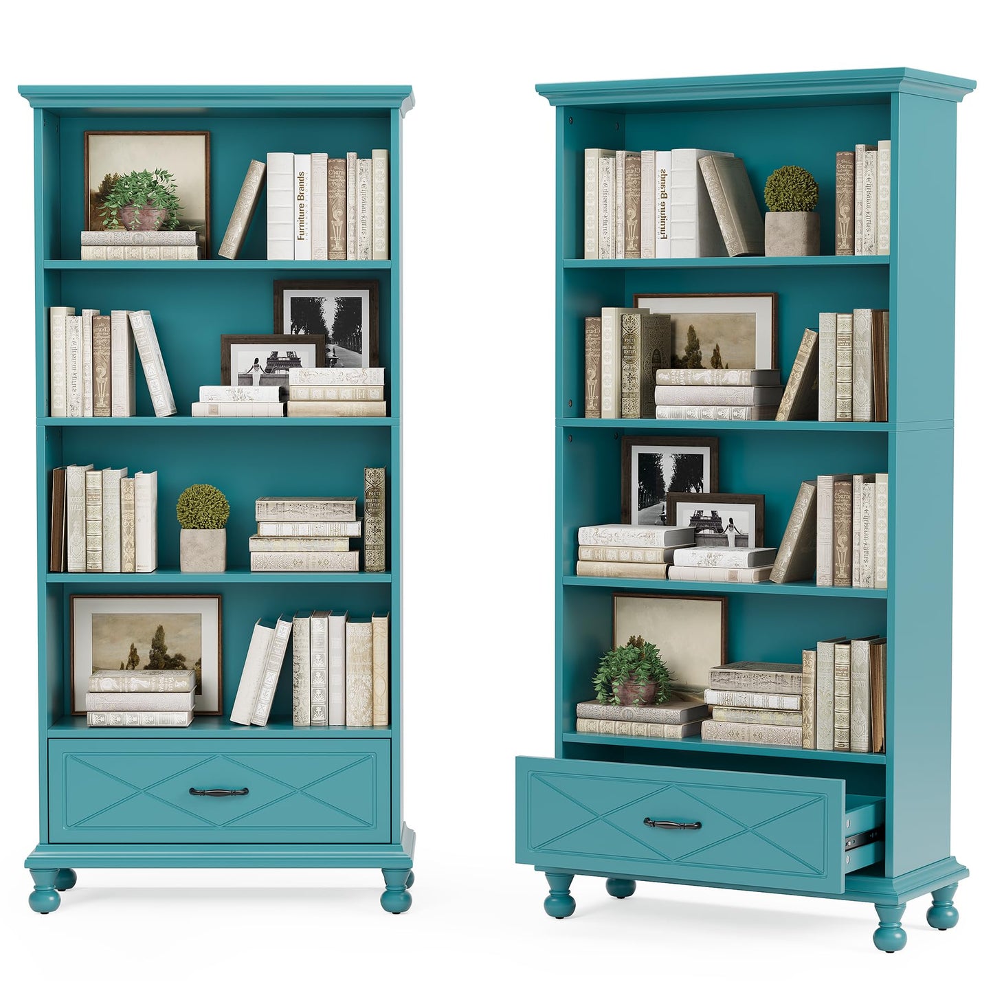 LITTLE TREE Bookshelf Set of 2 with Drawer, 6-Tier Tall Bookcase with Storage, 71-Inch Large Wooden Display Organizer for Bedroom, Home Office, Living Room, Ocean Blue