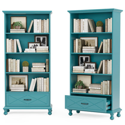 LITTLE TREE Bookshelf Set of 2 with Drawer, 6-Tier Tall Bookcase with Storage, 71-Inch Large Wooden Display Organizer for Bedroom, Home Office, Living Room, Ocean Blue