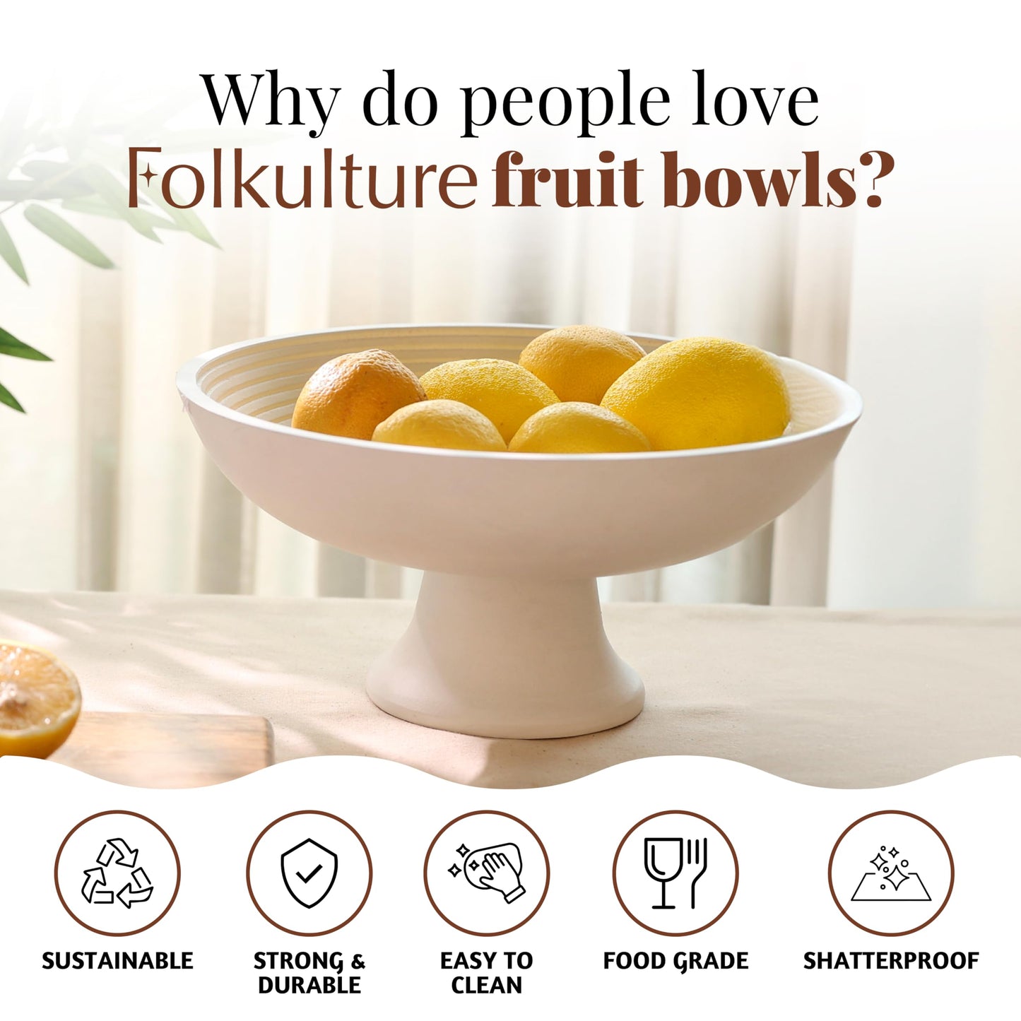 Folkulture Wooden Fruit Bowl for Kitchen Counter | 12" Large Premium Eco Friendly Banana Fruit Basket for Kitchen | White Wood Bowl with Holder, Pedestal for Table Decor, Centerpiece for Dining Table