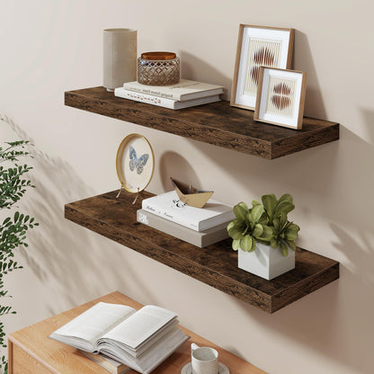Fun Memories 36 Inch Long Floating Shelves for Wall, 9.3 Inch Deep Floating Shelf, 2 Packs Long Shelves for Bathroom, Living Room, Bedroom, Wall Mounted Storage Shelf for Books Decor, Rustic Brown