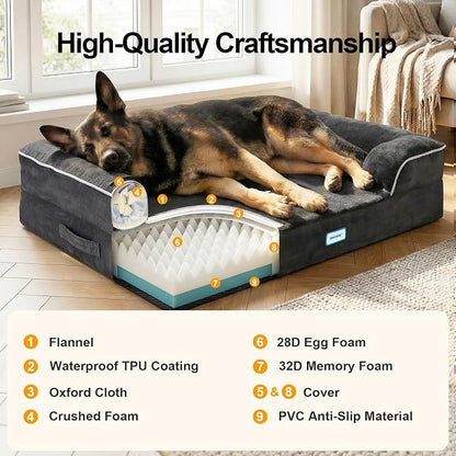 OhGeni Orthopedic Dog Bed Couch Big Cat Sofa for Extra Large Sized Pets with Memory Foam, Machine-Washable Waterproof Removable Cover, Soft Comfortable Fabric, 44-inch (Black)