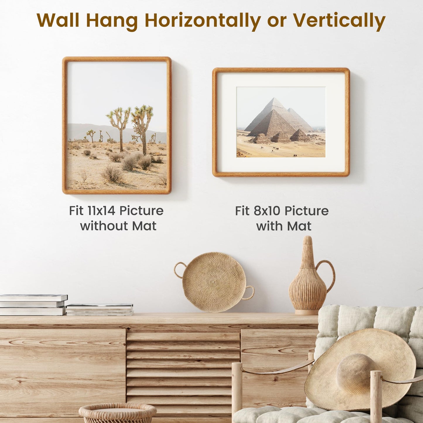 Acovy 11x14 Picture Frame, Natural Solid Teak Wood Photo Collage Frame with HD Tempered Glass, Rounded Corner Wooden Frame 11 x 14 Matted to 6x8, Gallery Wall Frames for Art, Wall or Tabletop Display