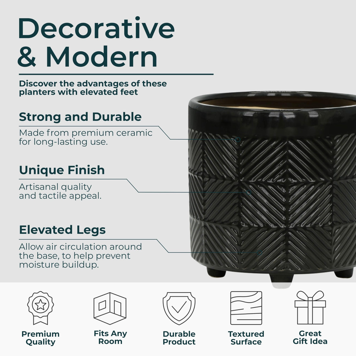 Set of 2 Ceramic Decorative Footed Planter Pot – Outdoor & Indoor Plant Pot with Embossed Textured Finish – Elegant and Modern Garden & Home Decor Ceramic Planters – 7" & 8", Black