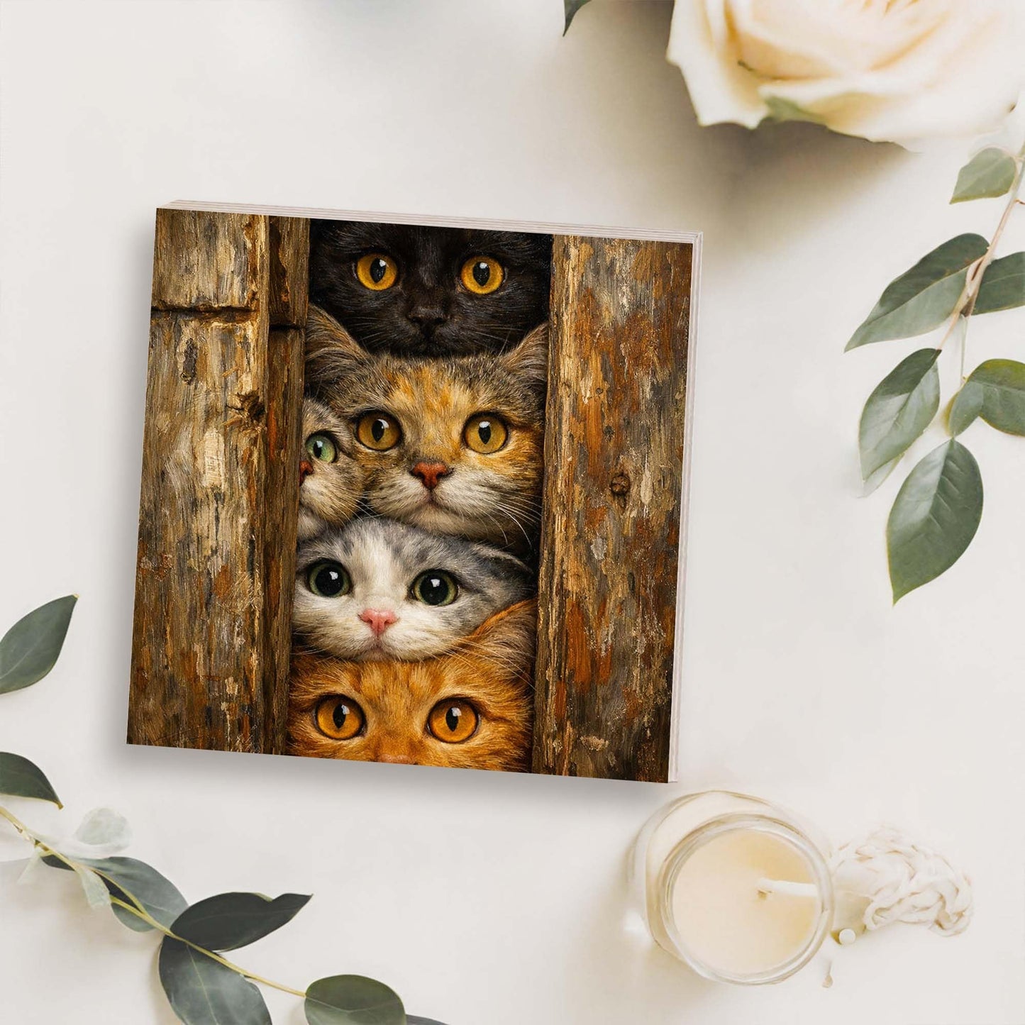 Curious Cats Wooden Block Sign, Cute Cat Art Wood Decor, Playful Animal Shelf Sitter Home Table Mantel Tiered Tray Accent, Unique Gift for Cat Lovers