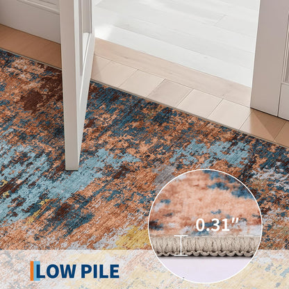 GarveeHome Washable Modern Area Rugs 5x7 Non-Shedding Contemporary Floor Mat, Abstract Low Pile Accent Carpet with Non-Slip Backing, Colorful Throw Rug for Bedroom, Living Room, Yellow