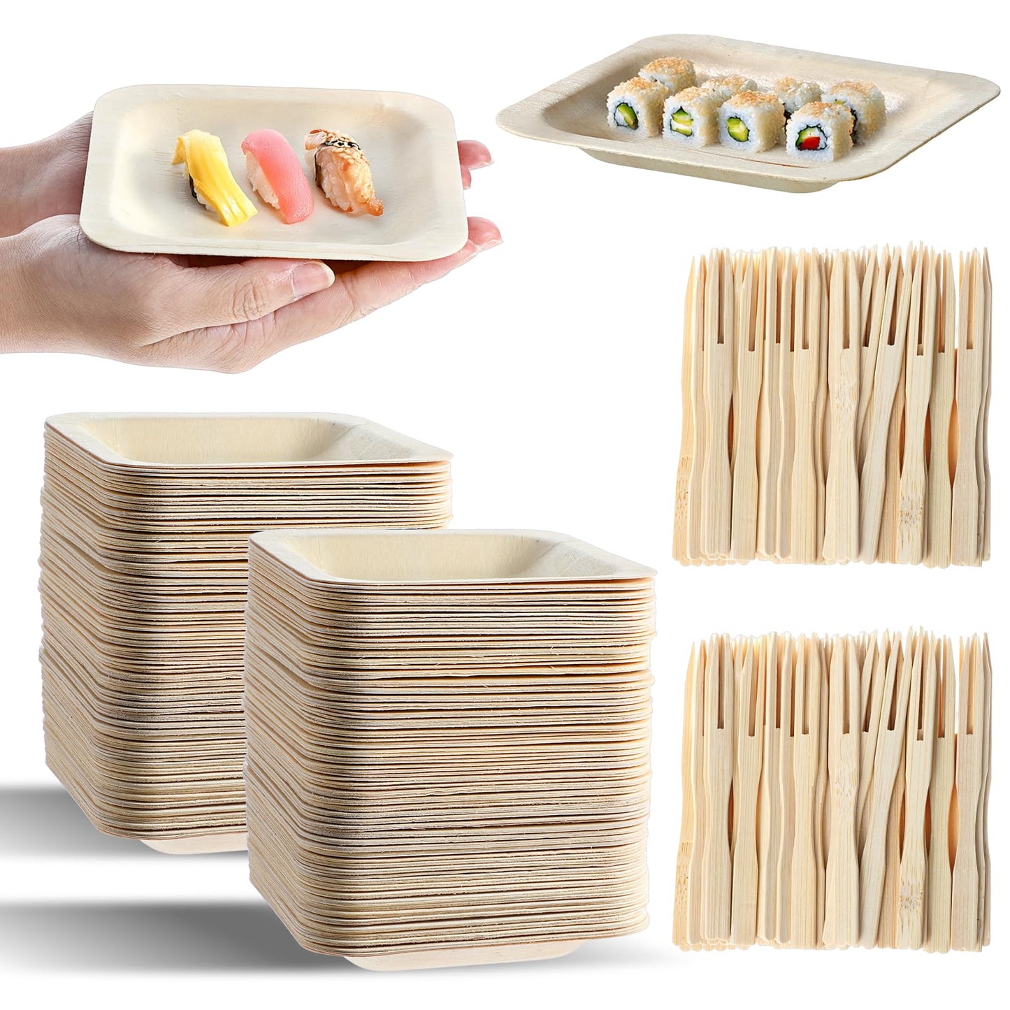 Hpmjz 300Pcs Disposable Square Bowls & Forks Set 4.5 × 4.5 Inch 100Pcs Bamboo Disposable Plates & 200pcs Forks Square Wood Plates for Birthday Party Wedding Events Appetizer Dessert Catering Home Use