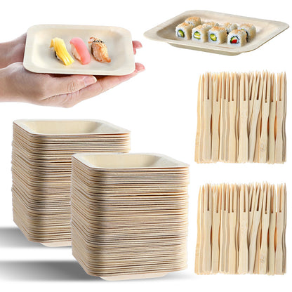 Hpmjz 300Pcs Disposable Square Bowls & Forks Set 4.5 × 4.5 Inch 100Pcs Bamboo Disposable Plates & 200pcs Forks Square Wood Plates for Birthday Party Wedding Events Appetizer Dessert Catering Home Use