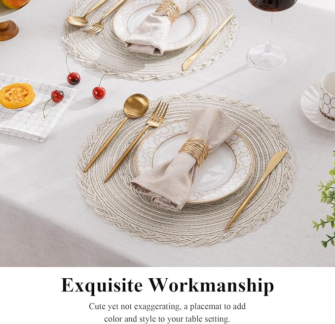 SHACOS Boho Round Placemats Set of 8 Braided Border Round Place Mats 15 inch Washable Dining Table Mats for Home Wedding Holiday Party (Ivory Bordered, 8)