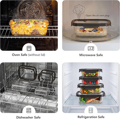 GENICOOK Glass Meal Prep Containers with Glass Lids, 4 Pack Airtight Glass Food Storage Containers, Borosilicate Glass Lunch Containers for Healthy Meal Prep, Microwave Oven Dishwasher Safe, BPA Free