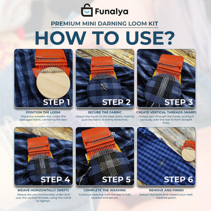 Funalya Mini Loom & Darning Kit with 14 Hooks, 10 Knitting Needles, 50 Colors Thread, DIY Sock Mending Tool, Complete Mini Loom & Darning Kit with Guide (Orange)