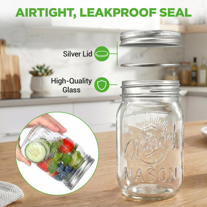 NutriChef 4-Pack 16 oz Mason Jars with Lids - Thick Glass Canning Jars with Stainless Steel Lids - Ideal for DIY Spices, Meal Prep, Overnight Oats, Jelly, Jam, Honey, Candles, Crafts, & More