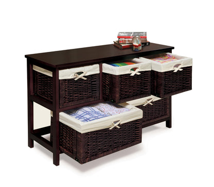 Badger Basket Five-Basket Storage Unit with Wicker Baskets and Washable Liners, Organizer for Toys, Clothes, and Household Items, Sturdy Wooden Frame - Espresso Finish