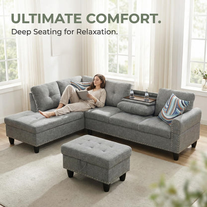 Trygoal 97" Linen 4-Seat L-Shaped Sectional Sofa with Movable Chaise & Storage Ottoman - 3-Piece Modular Convertible Couch for Living Room, Bedroom, Apartment & Office, Grey