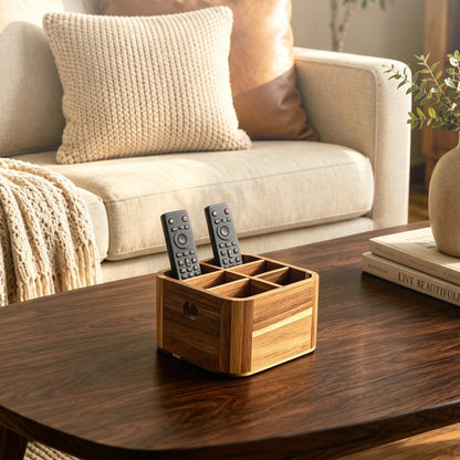 LEEBICHEN Remote Control Holder, Acacia Wood TV Remote Holder with 5 Adjustable Dividers, Desk Organizer for Remotes, Office Supplies, Coffee Table, Living Room, Bedroom, Nightstand