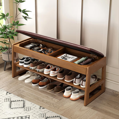 Shoe Rack Bench with Hidden Storage, 2-Tier Solid Rubberwood Entryway Bench with Soft Leather Cushioned Seat & Flip-Top Storage, 330lbs Capacity, Wooden Shoe Organizer for Hallway, Closet, Foyer