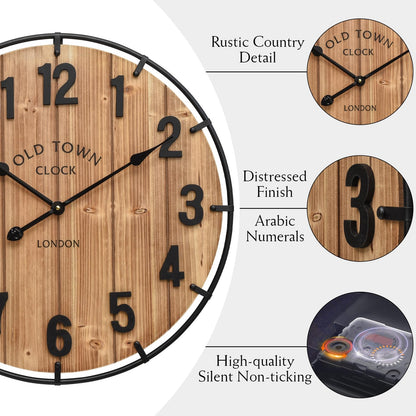 EMAX HOME Large Old Town Farmhouse Wall Clock 24 Inch Rustic Antique Wood with Metal Circle and Large Numerals Silent Battery Operated Wall Clock for Office Kitchen Bedroom Living Room