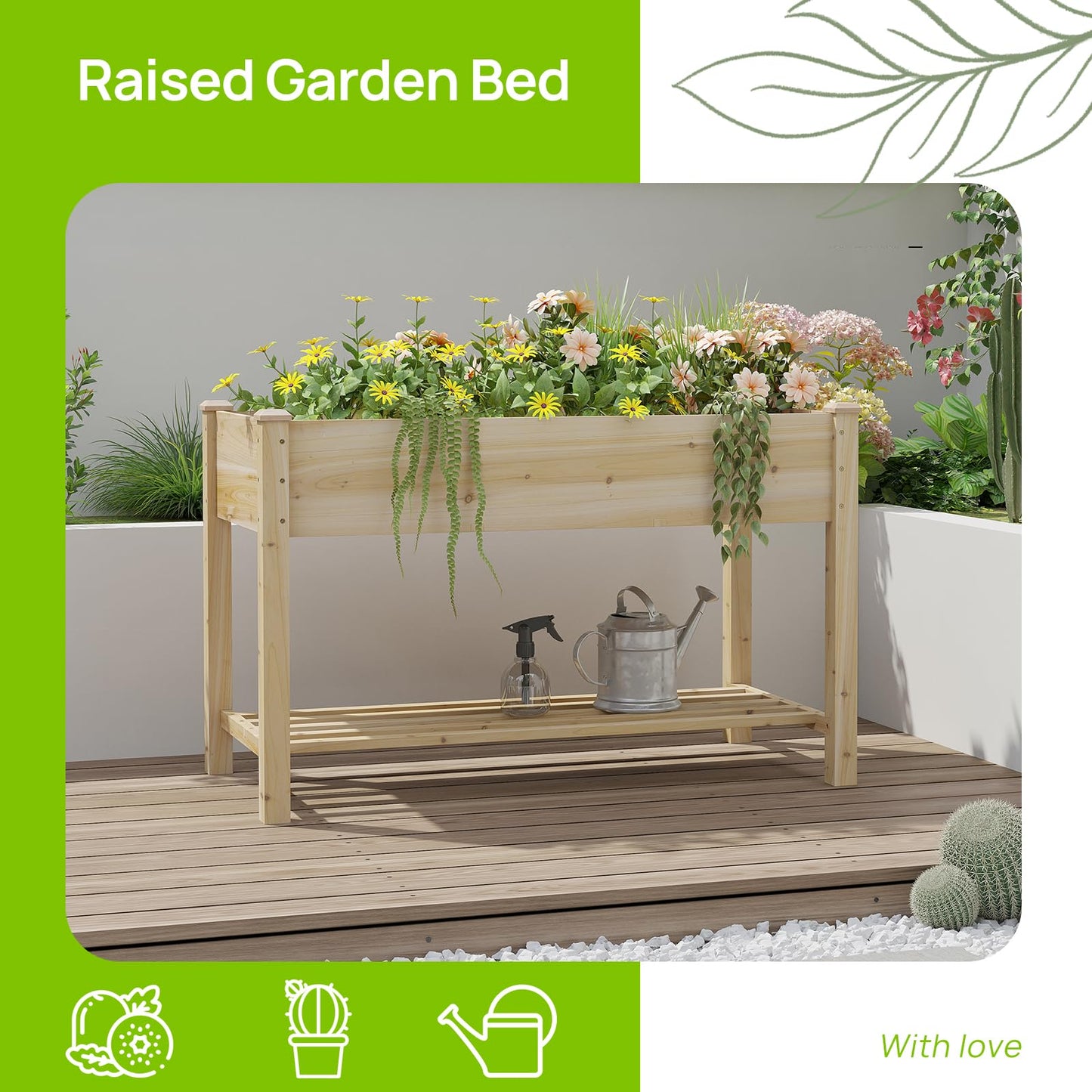 48x24x30.7in Wood Raised Garden Bed with Legs Wooden Planter Box with Storage Shelf Elevated Wood Planter Box for Vegetables Flowers Herbs Garden Planter for Backyard Patio Balcony (Natural, Medium)