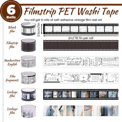 LELE LIFE 6 Rolls Filmstrip PET Washi Tape, Self-Adhesive Retro Movie Film Reel Art Decorative Tape Stickers for Journaling, Scrapbooking, Crafts, Diaries, Junk Journal Supplies